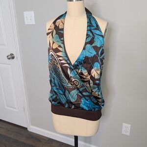 Wet Seal 90s Teal Brown Floral Paisley Halter Top Size Large Y2K Coconut Girl